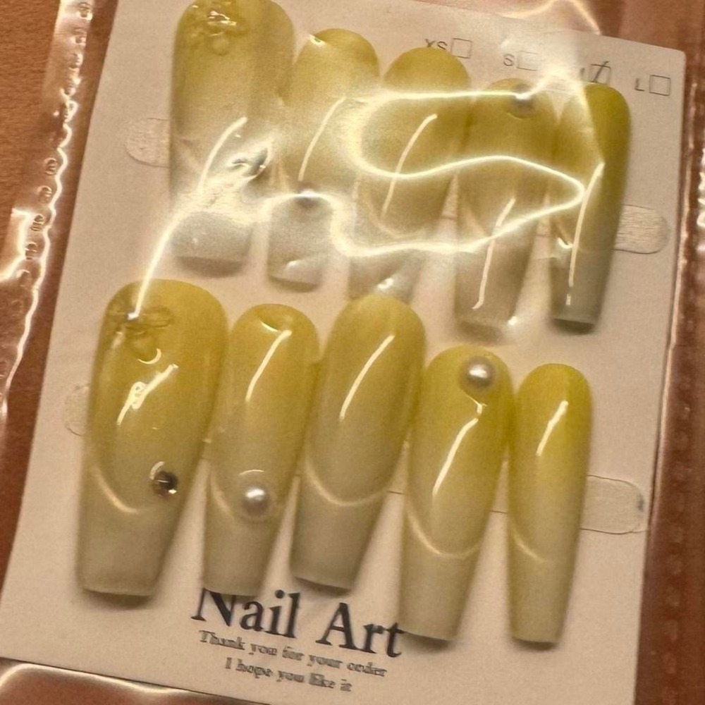 Yellow Ombre Press On Nails, Long Coffin Fake Nails,‎ Nail Art Set